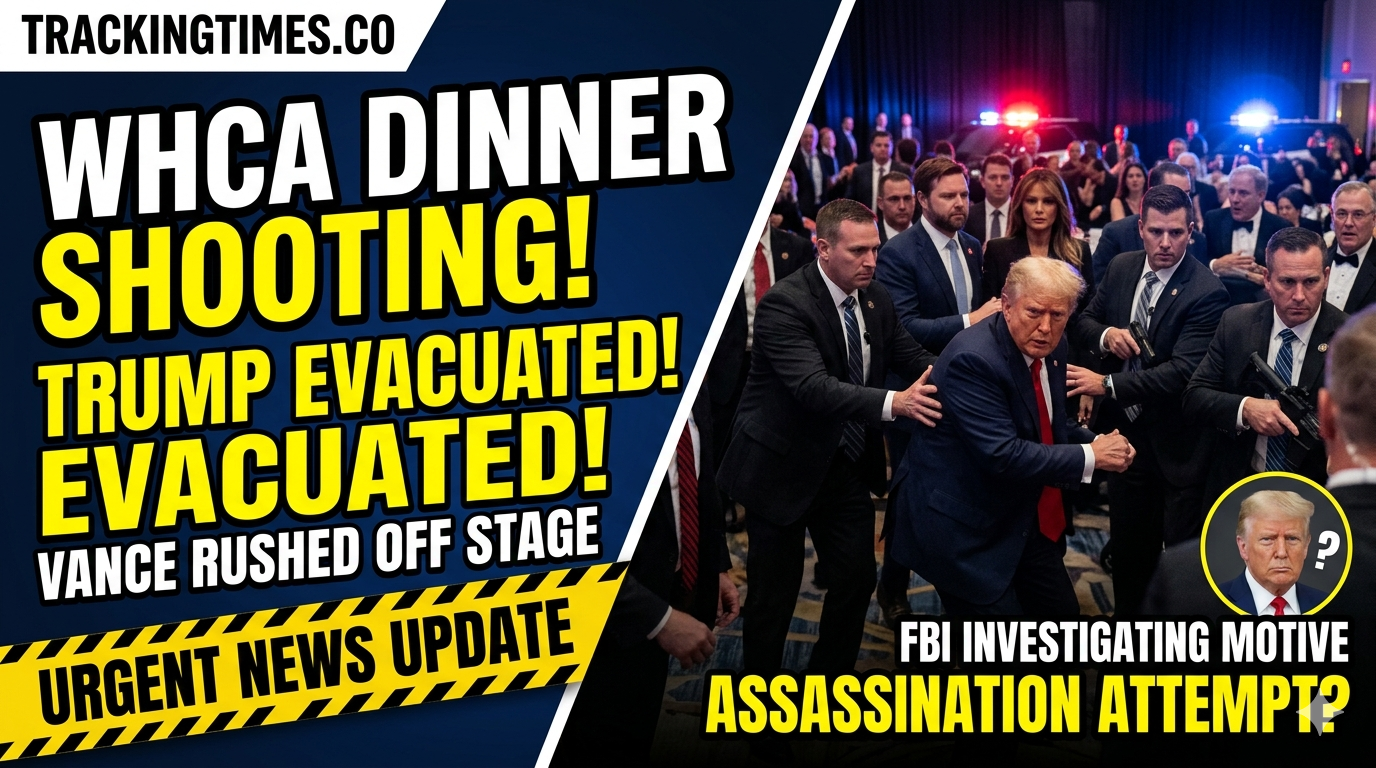 Secret Service agents rushing Donald Trump off stage during a shooting at the 2026 White House Correspondents' Dinner at the Washington Hilton.