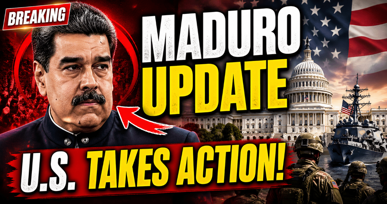A dramatic YouTube thumbnail featuring Nicolás Maduro in a close-up portrait against a red, protest-themed background. On the right side are the U.S. Capitol building, an American flag, military personnel, and a naval warship. Bold, high-contrast text reads ‘MADURO UPDATE’ and ‘U.S. TAKES ACTION!’ with a ‘Breaking’ banner in the top corner and a red arrow highlighting Maduro, suggesting urgent political developments involving the U.S. and Venezuela. Credit: Maxwell Nnawuihe